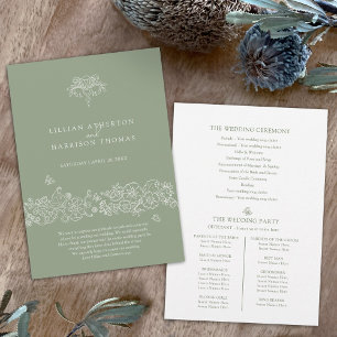 Green white fleur de lis wedding program thanks