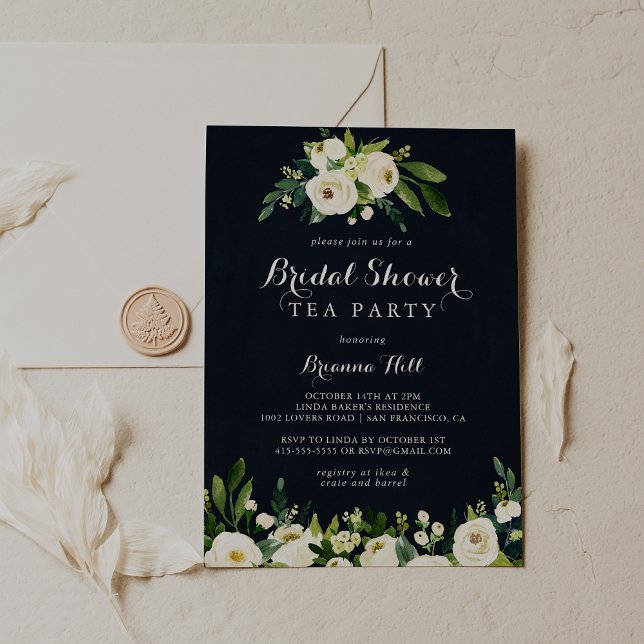Green White Floral Blue Bridal Shower Tea Party  Invitation (Creator Uploaded)