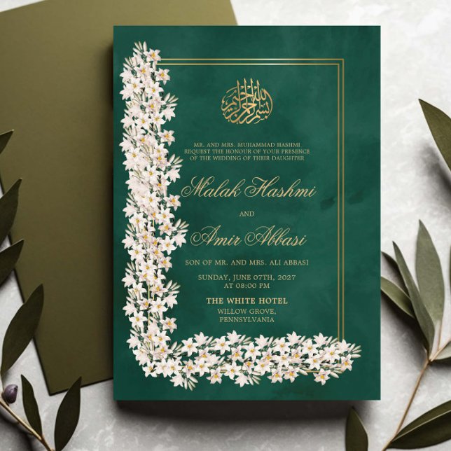 Green White Floral Chic Islamic Muslim Wedding Invitation (Creator Uploaded)