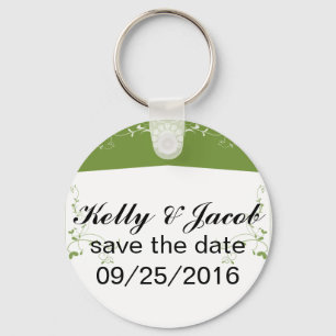 Green White Floral Flourish Bridal Shower Keychain