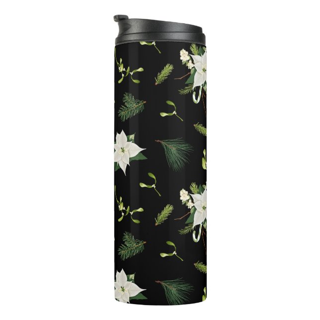 Green White Floral Pattern on Black Thermal Tumbler (Rotated Right)