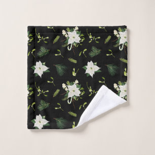 Green White Floral Pattern on Classic Black Wash Cloth