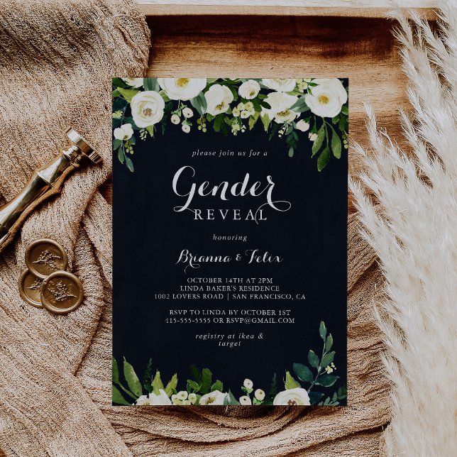 Green White Floral Royal Blue Gender Reveal Party Invitation (Creator Uploaded)