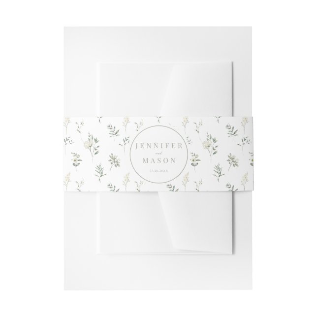 Green white floral wedding invitation belly band (Front Example)