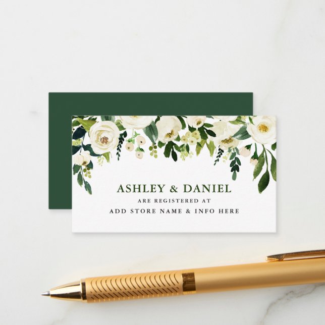 Green White Floral Wedding Registry Insert Card (Front/Back In Situ)