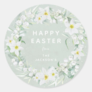 Green + White Floral Wreath Easter Message Classic Round Sticker