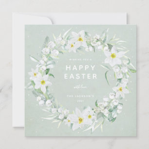Green + White Floral Wreath Happy Easter Flat Card