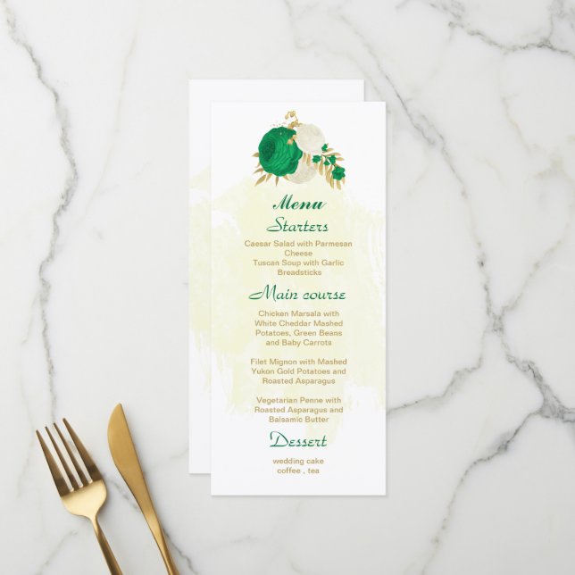 green white flowers gold botanical wedding menu (Front/Back In Situ)