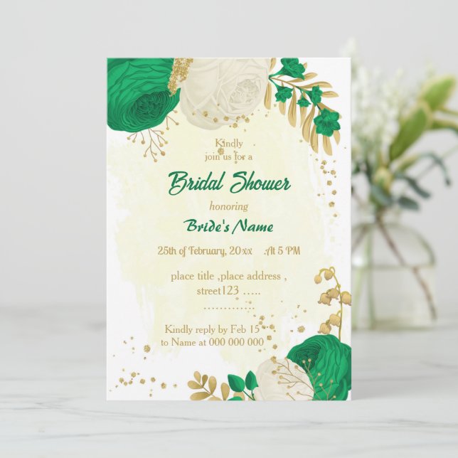 green & white flowers gold bridal shower invitation (Standing Front)