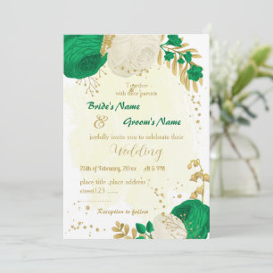 green & white flowers gold wedding invitation