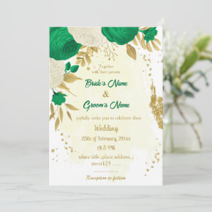 green & white flowers gold wedding invitation
