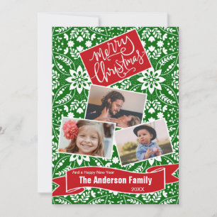 Green White Folk Floral Holiday Pattern Card