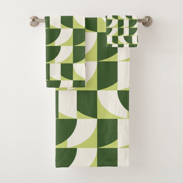 Green White Geometric Abstract Art Bath Towel Set (Insitu)
