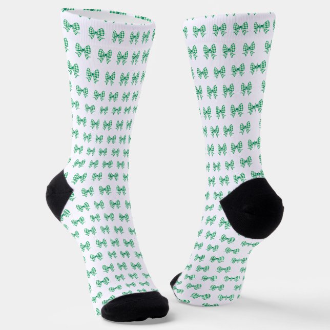 Green-white gingham bow pattern socks (Angled)