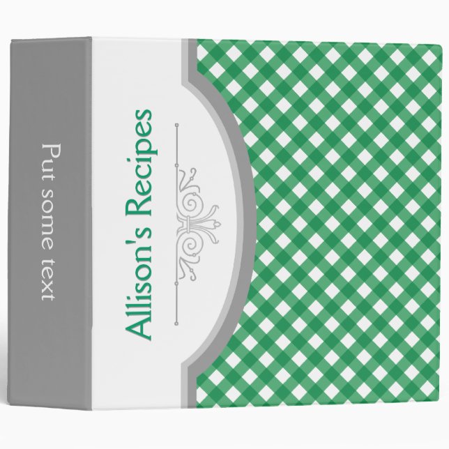 Green, white gingham pattern with frame recipe binder (Front/Spine)