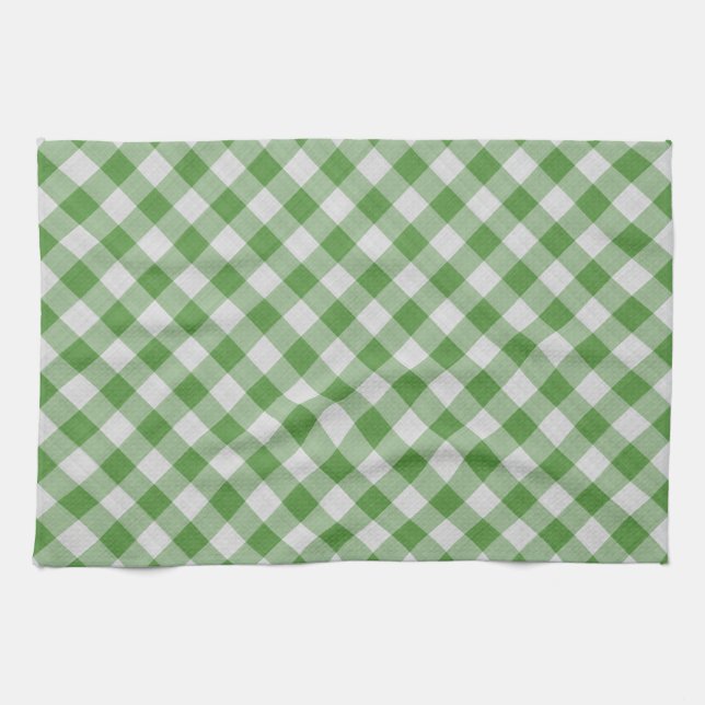 Green White Gingham Plaid Checkered Pattern Kitchen Towel (Horizontal)