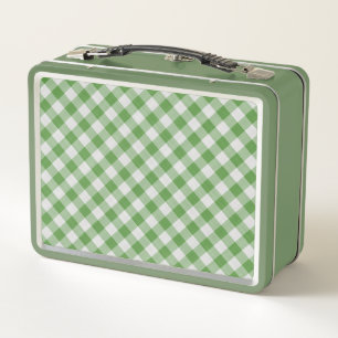 Green White Gingham Plaid Chequered Pattern Metal Lunch Box