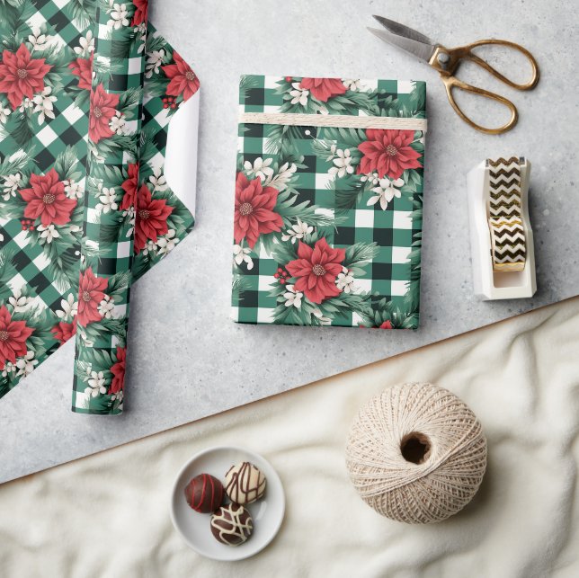 Green White Gingham Poinsettia Xmas Floral Pattern Wrapping Paper (Crafts)