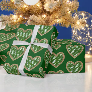 Green White Gold Glitter Polka Dots Heart Holiday Wrapping Paper
