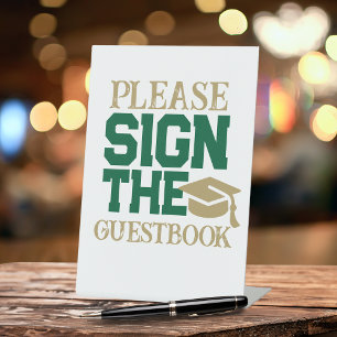 Green, White & Gold Guestbook Graduation Table Pedestal Sign