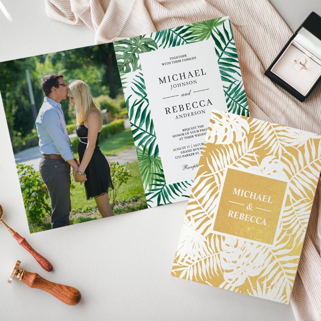 Green White Gold Palm Feuilles Faire-part de maria (Créateur téléchargé)