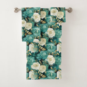 Green White Gold Rose Floral Bath Towel Set