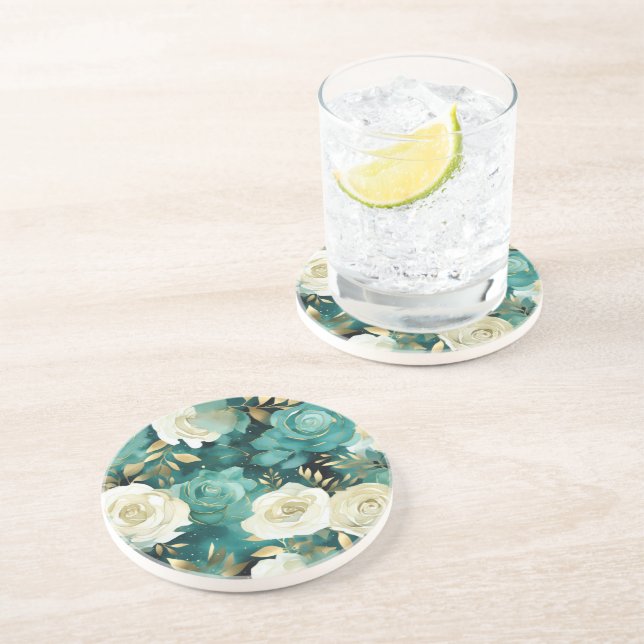 Green White Gold Rose Floral Coaster (Side)