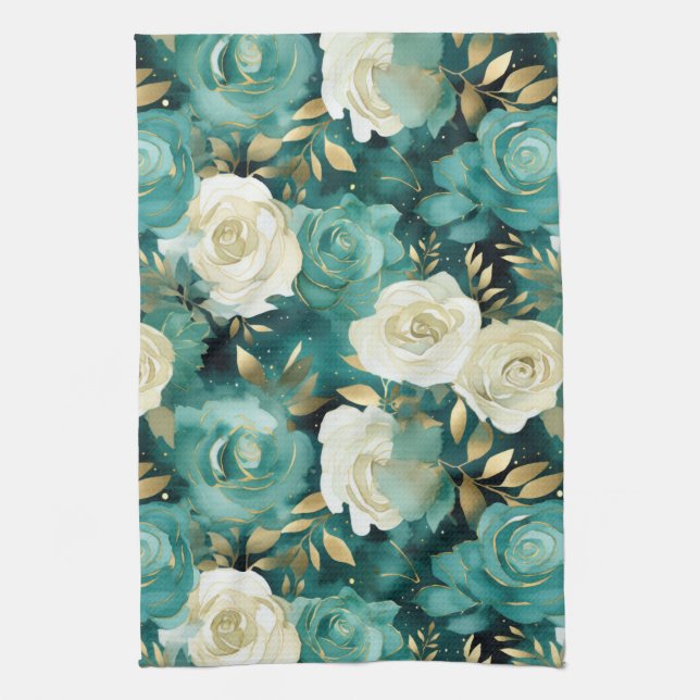 Green White Gold Rose Floral Kitchen Towel (Vertical)