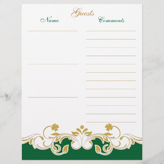 Green White Gold Scrolls Guest Book Paper (Front)