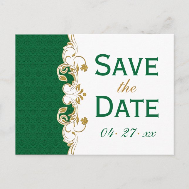 Green White Gold Scrolls Save the Date Postcard (Front)