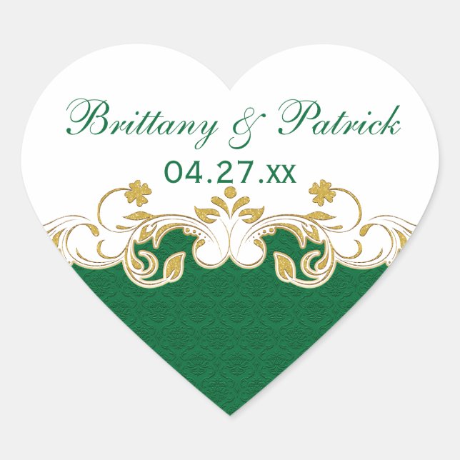 Green, White, Gold Scrolls Wedding Favour Sticker (Front)