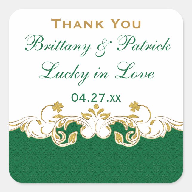 Green, White, Gold Scrolls Wedding Favour Sticker (Front)
