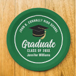 Green White Graduate Custom 2025 Graduation Party Paper Plate<br><div class="desc">This modern green and white custom graduation party paper plate features classy typography of your high school or college name for the class of 2025. Customize with your graduating year under the chic handwritten script and black grad cap for great personalized graduate decor.</div>