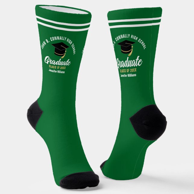 Green White Graduate Personalized 2025 Graduation Socks (Angled)
