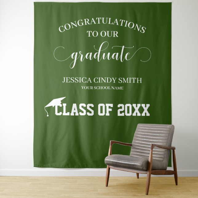 Green & White Graduation Photo Booth Prop Tapestry (In Situ)