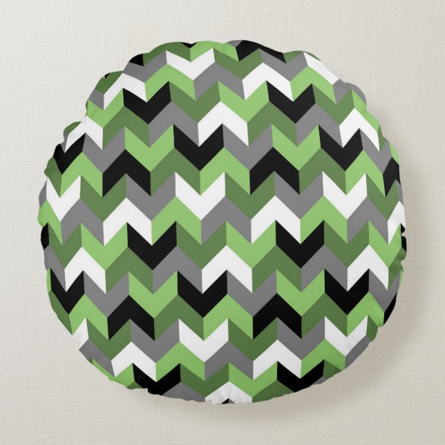 Green, White, Gray and Black Chevron Arrow Round Pillow (Front)