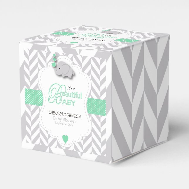 Green, White Grey Elephant Baby Shower Favor Box (Front Side)