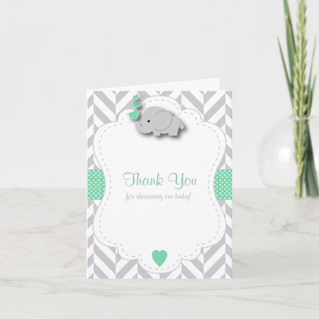 Green, White Grey Elephant Baby Shower Thank You (Front)