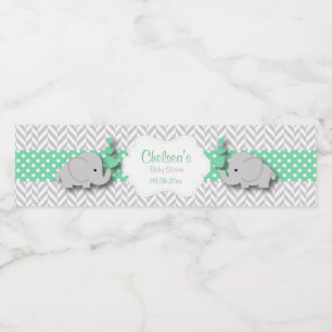Green, White Grey Elephant Baby Shower Water Bottle Label