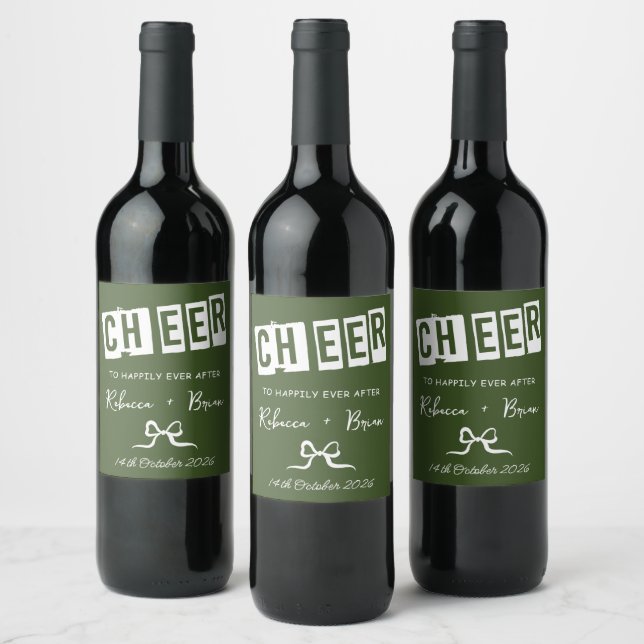 Green & White Hand Drawn Bow Sketch Wedding Wine Label (Bottles)