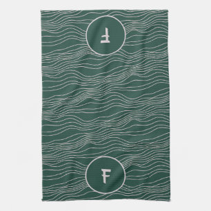 Green White hand drawn wavy line monogram dish Kitchen Towel