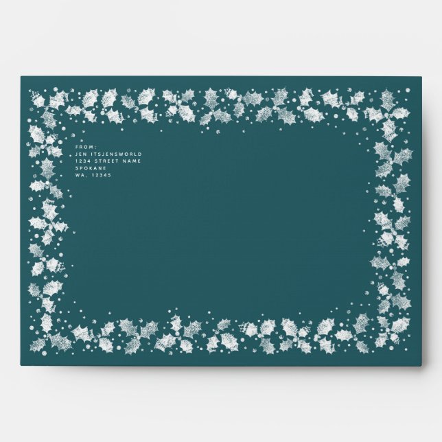 Green + White Hand Printed Holly Return Address A7 Envelope (Front)