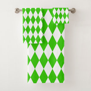 Green White Harlequin Diamonds Checkers Design Bath Towel Set