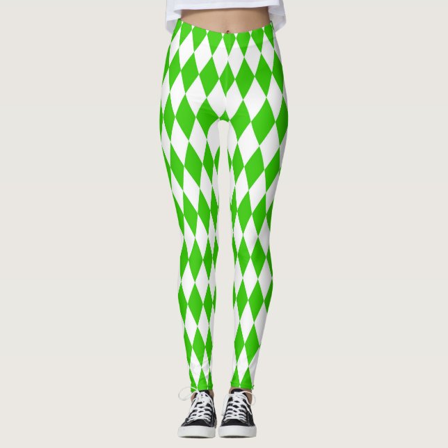 Green White Harlequin Diamonds Checkers Design  Leggings (Front)