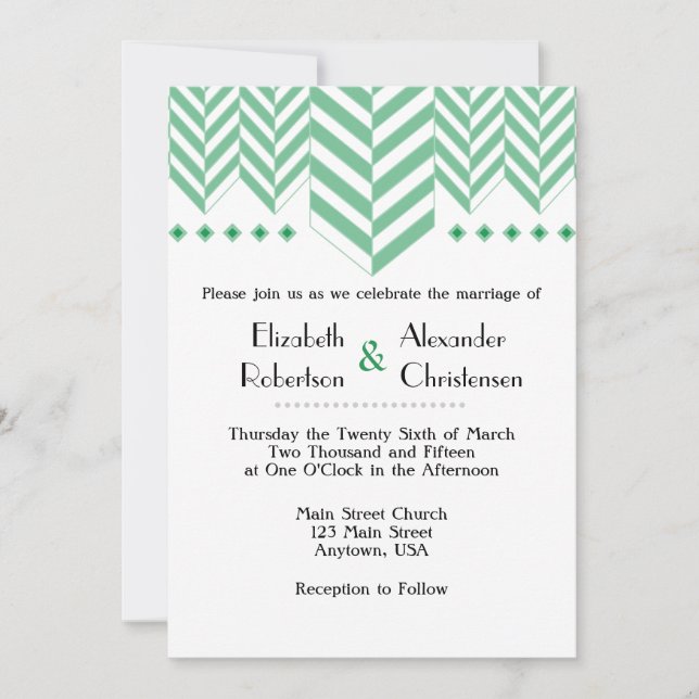 Green White Herringbone Wedding Invitation (Front)