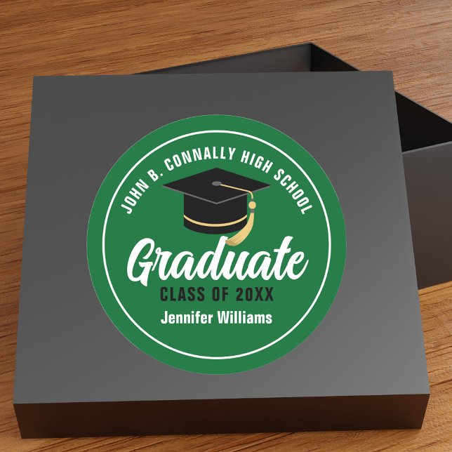 Green White High School Graduate Custom Graduation Classic Round Sticker (Creator Uploaded)
