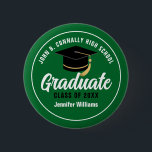 Green White High School Graduate Custom Name Tag 2 Inch Round Button<br><div class="desc">This modern green and white custom senior graduate button features classy white typography of your high school or college name for the class of 2025. Customize with your graduating year under the chic black handwritten script and black grad cap for a great personalized graduation name tag for a party or...</div>