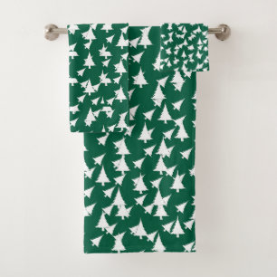 Green White Holiday Christmas Trees Bath Towel Set
