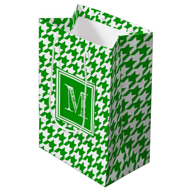 Green White Houndstooth | Modern Monogram Medium Gift Bag (Front Angled)