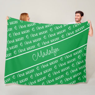 green white I love soccer text pattern  Fleece Blanket